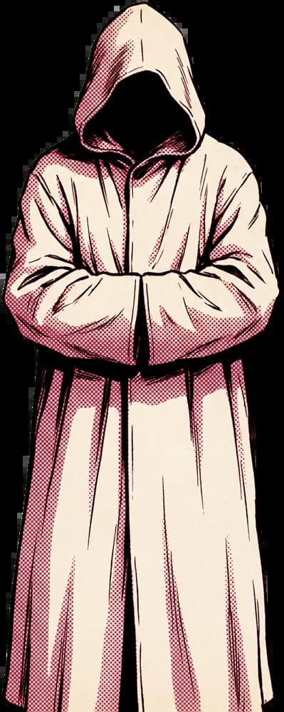 A hooded figure standing still, face in shadow — the stranger a knock comes from.