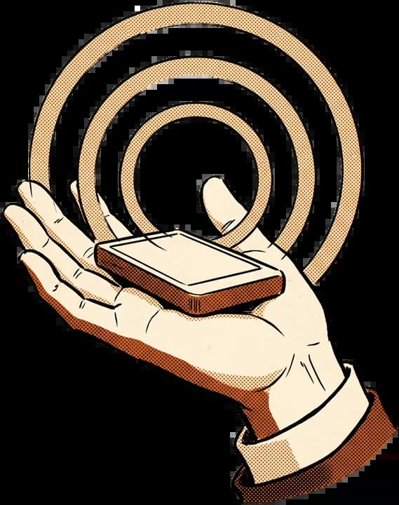 An open hand holding a small device, rings radiating from it.