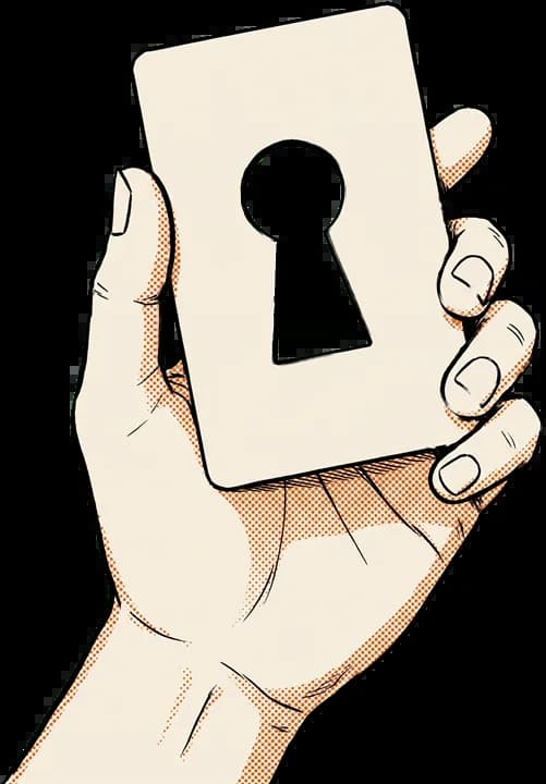 A hand holding up an identity card with a keyhole cut into it.